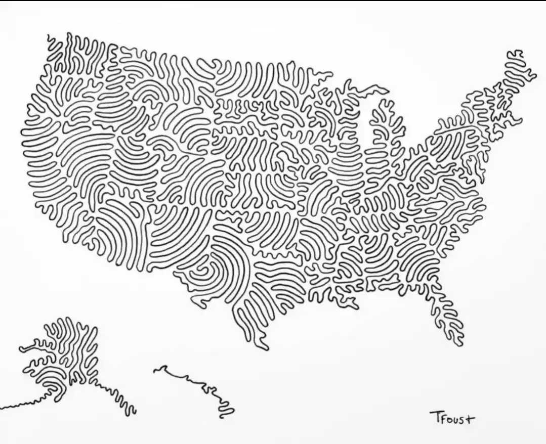 a black-and-white line drawing of the continental United States and Alaska with intricate, maze-like patterns filling the…