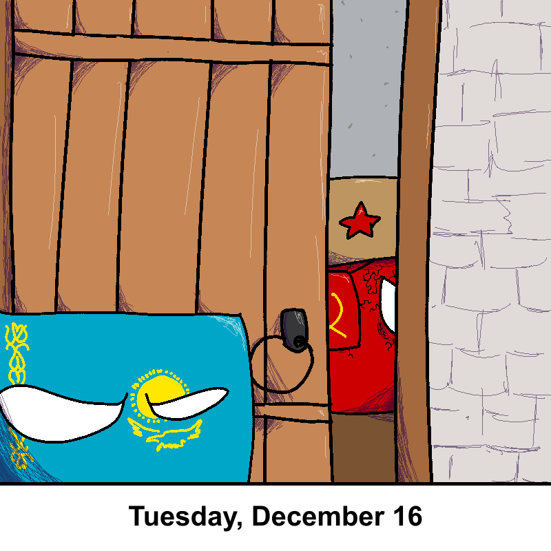 A cartoonish blue flag with a yellow sun and ornamental patterns, representing Kazakhstan, is shown with angry white eyes…
