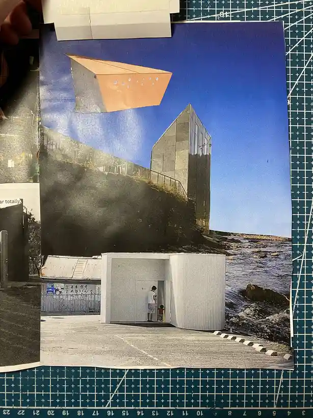 A collage of three distinct architectural photos is taped onto a blue cutting mat. The top image shows a large, angular…