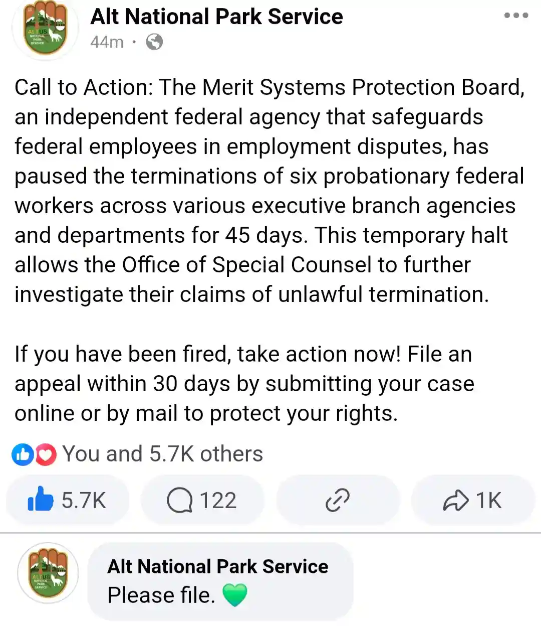 A screenshot of a Facebook post from 'Alt National Park Service' mimicking a government notice about a federal workers'…