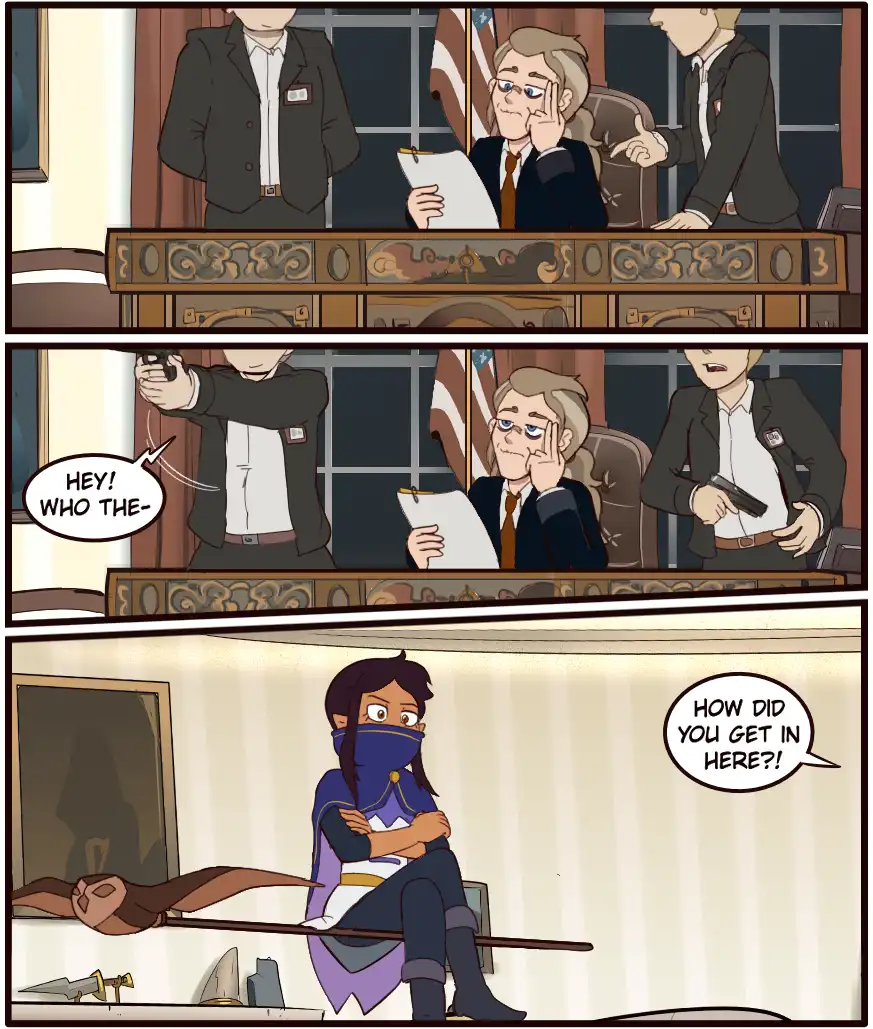 A three-panel comic strip shows two security guards confronting a man in a suit at a desk, who is holding a clipboard and…