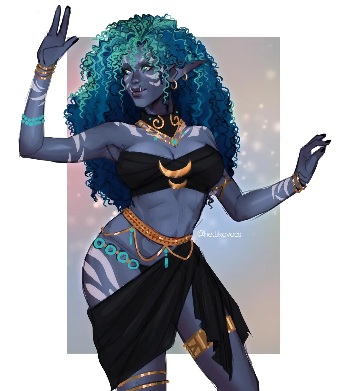 An illustration of a blue-skinned, curly-haired fantasy woman with pointed ears and fangs, wearing a black top with gold…