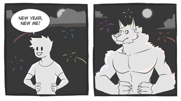 Two-panel comic: left panel shows a cheerful, thin cartoon person with spiky hair saying 'NEW YEAR, NEW ME!' under…