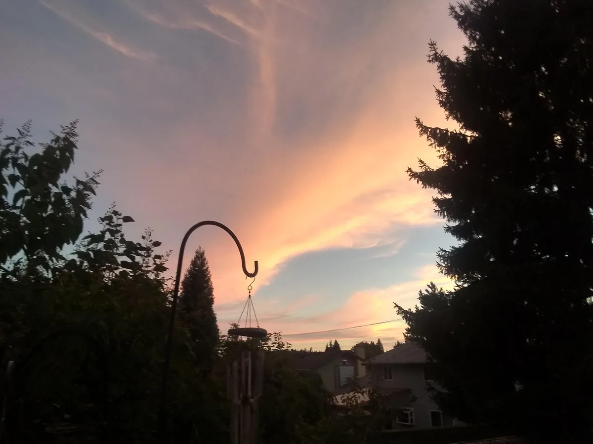 A serene backyard scene at sunset, featuring a wind chime hanging from a curved metal pole, framed by silhouetted trees and…