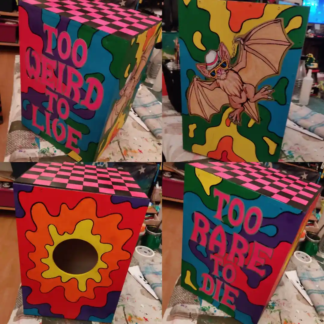 A collage of four photos showing a hand-painted wooden box with psychedelic, colorful designs. One side reads 'TOO WEIRD TO…