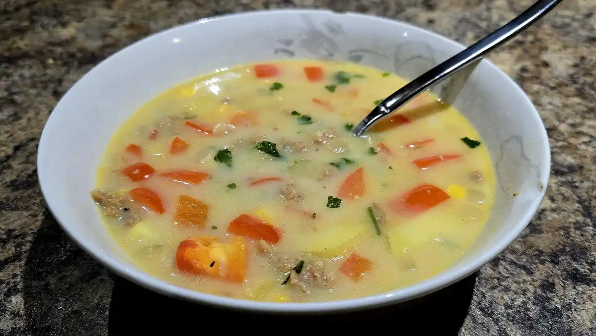 A close-up photo shows a white ceramic bowl filled with creamy, chunky soup containing visible pieces of tomato, potato…