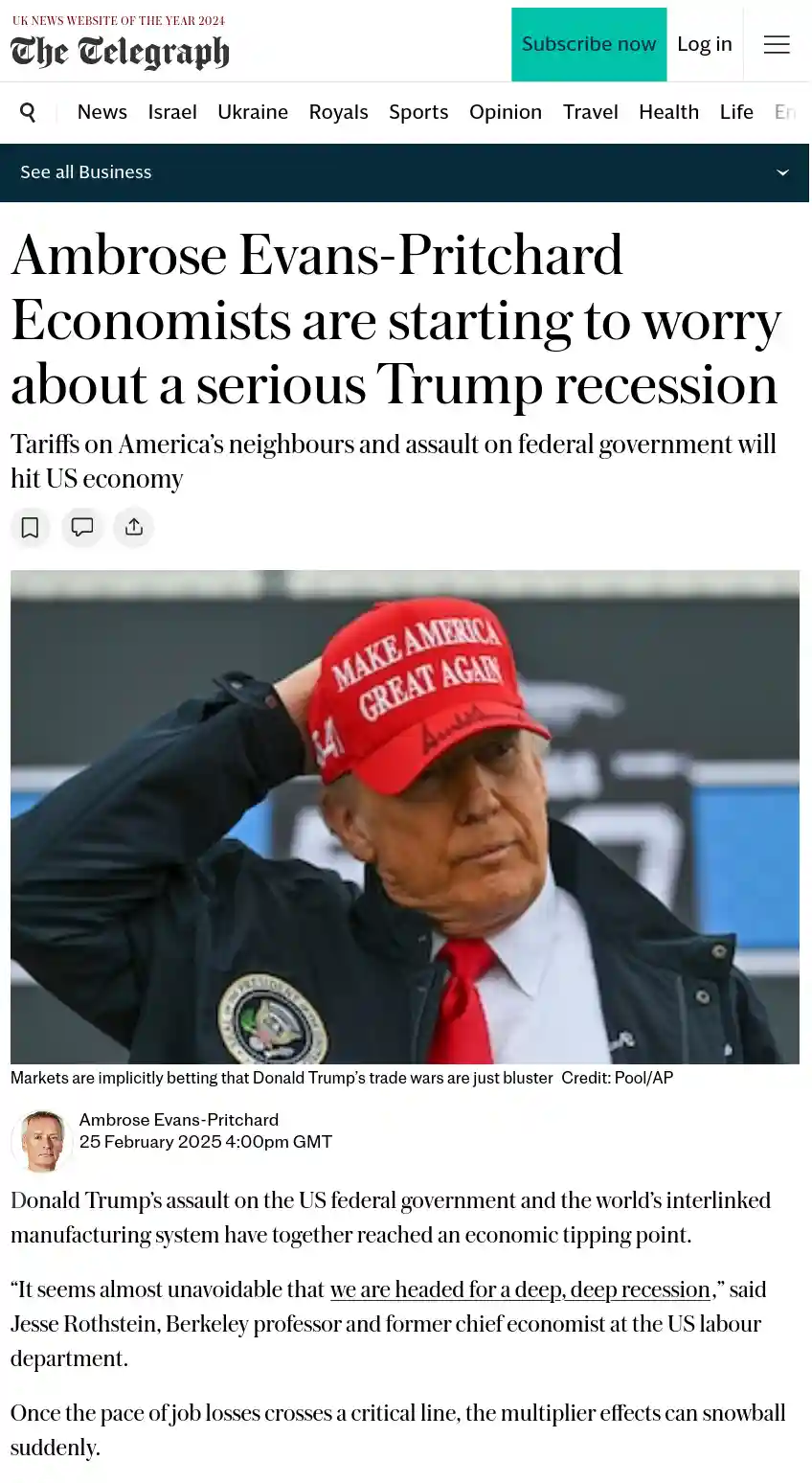 A screenshot of a Telegraph news article by Ambrose Evans-Pritchard, featuring a photo of Donald Trump wearing a red 'Make…