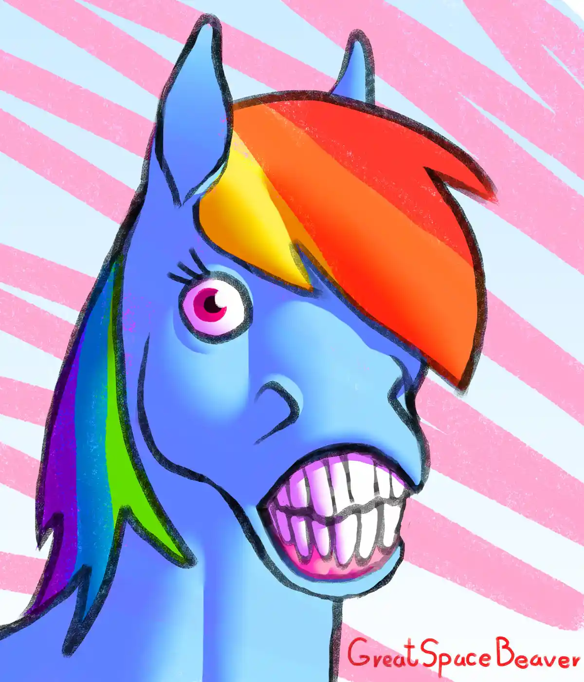 A cartoonish blue horse with a rainbow-colored mane and horns, baring sharp teeth in an aggressive snarl against a pink and…