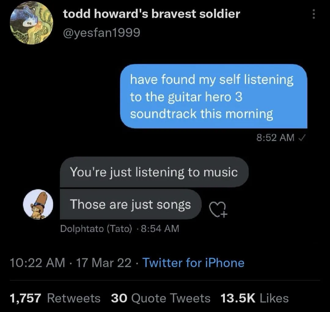 A screenshot of a Twitter conversation shows a user saying they're listening to the Guitar Hero 3 soundtrack, and their…