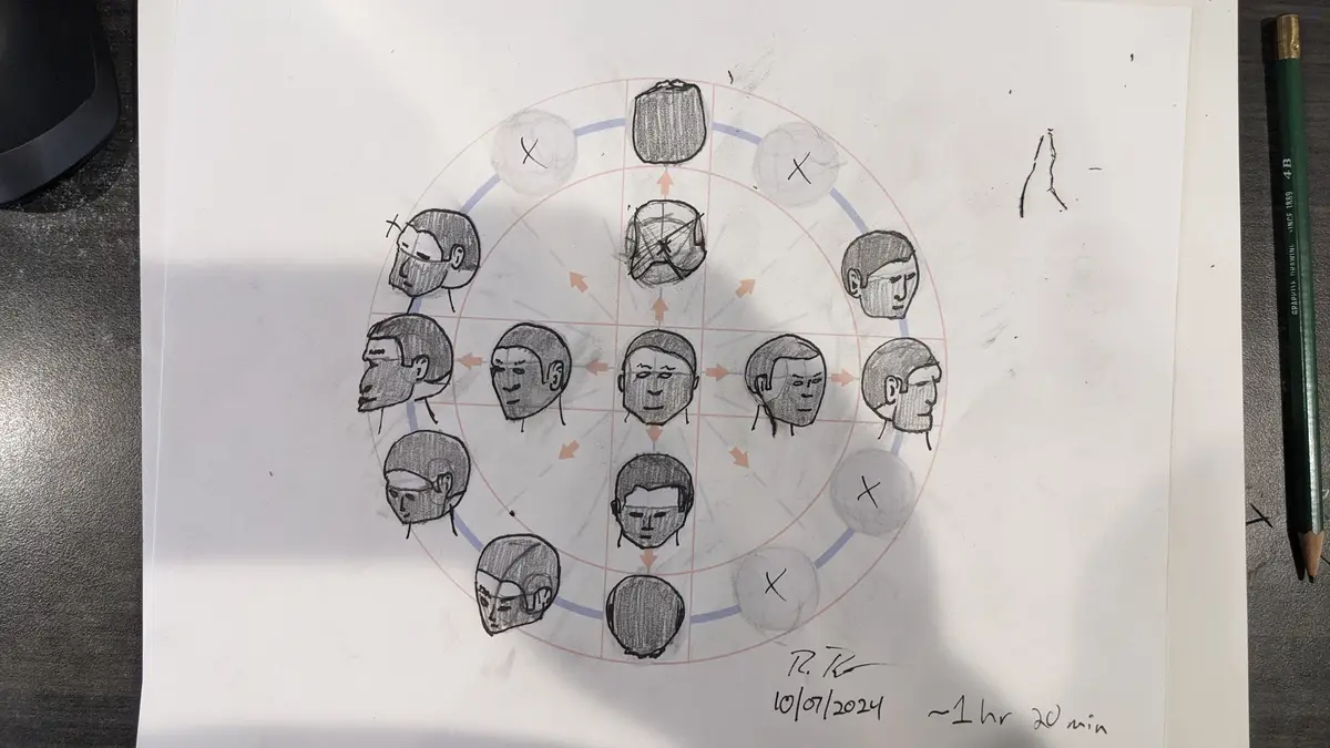 A hand-drawn sketch on paper shows a circular grid with multiple pencil-drawn male faces arranged around it, connected by…