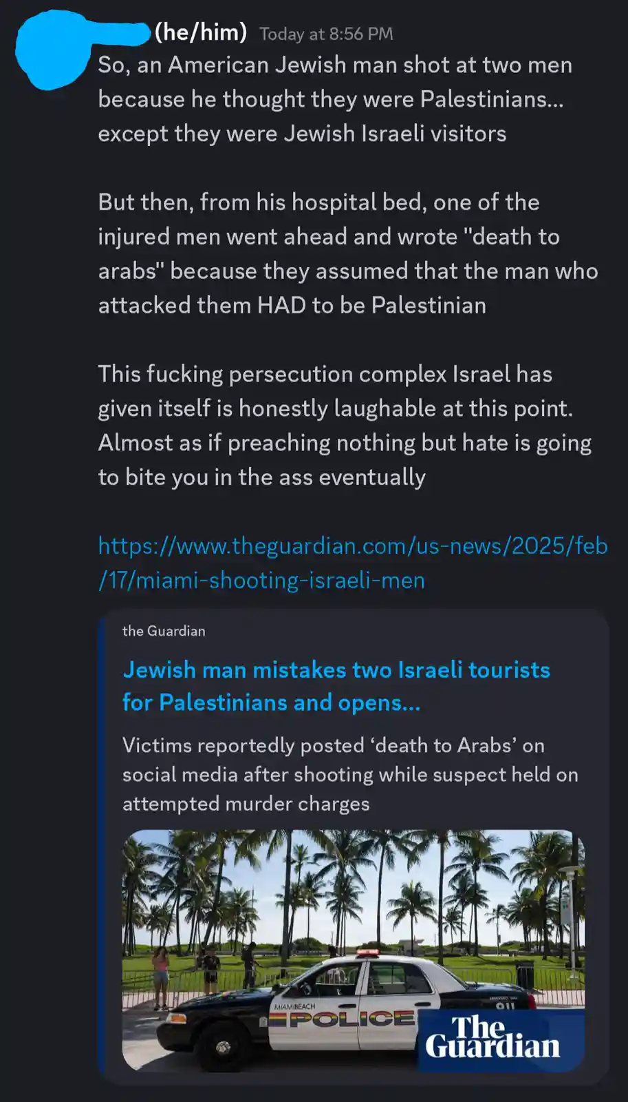 A screenshot of a social media post discussing a Miami Beach shooting incident where a Jewish man mistook two Israeli…