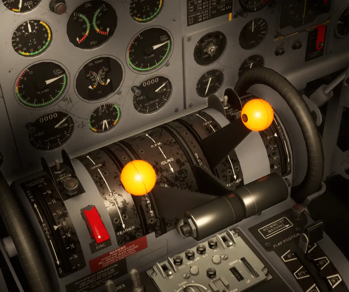 A close-up of an airplane cockpit instrument panel with numerous dials and gauges, featuring two glowing orange spheres…