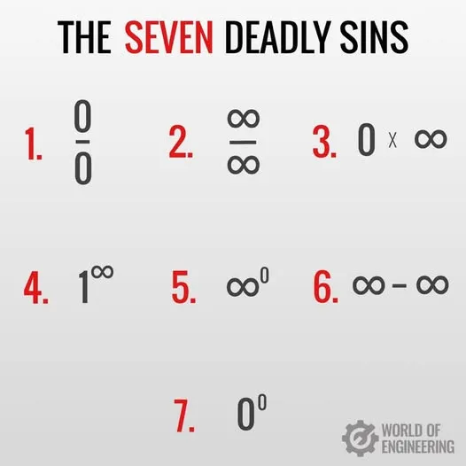 A list titled 'THE SEVEN DEADLY SINS' presents seven indeterminate forms in mathematics, each numbered from 1 to 7…