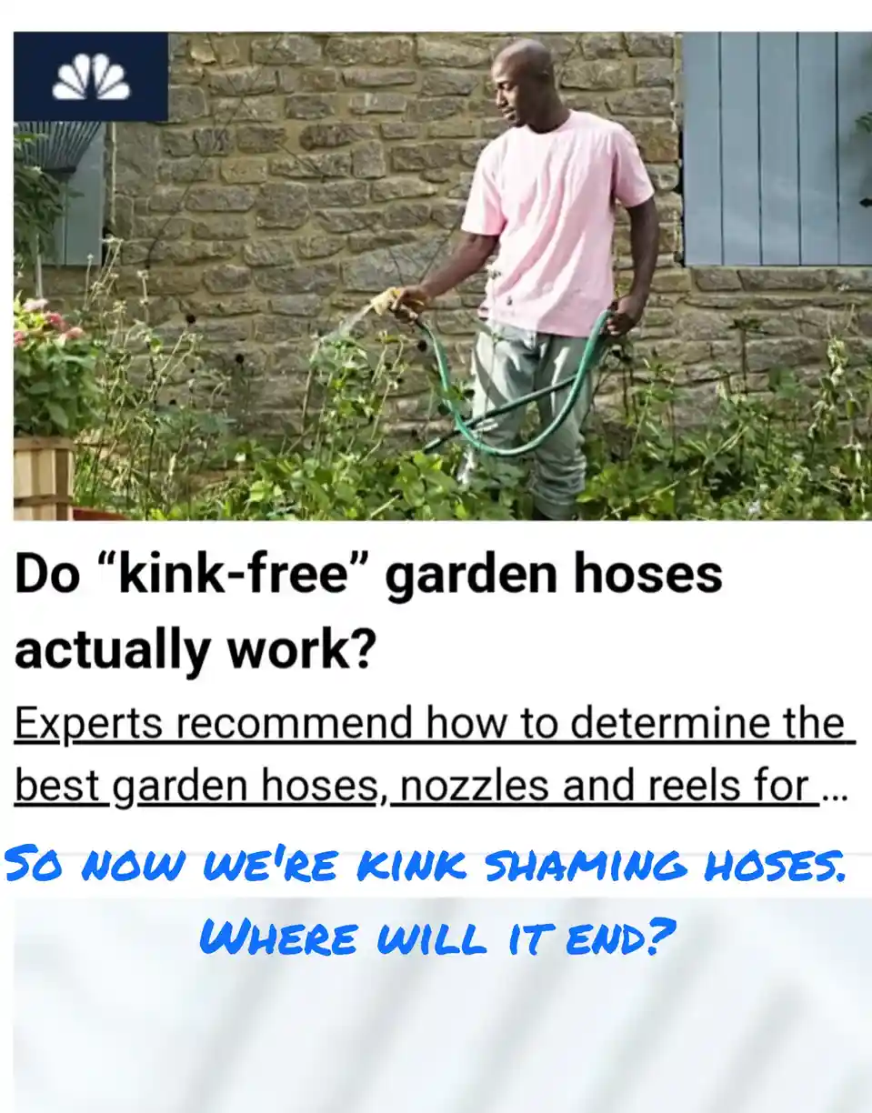 A man in a pink shirt waters plants in a garden with a green hose that has a visible kink. The image is overlaid with text…