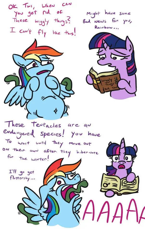 A four-panel comic featuring Rainbow Dash with tentacles growing from her body, distressed as she asks Twilight Sparkle how…