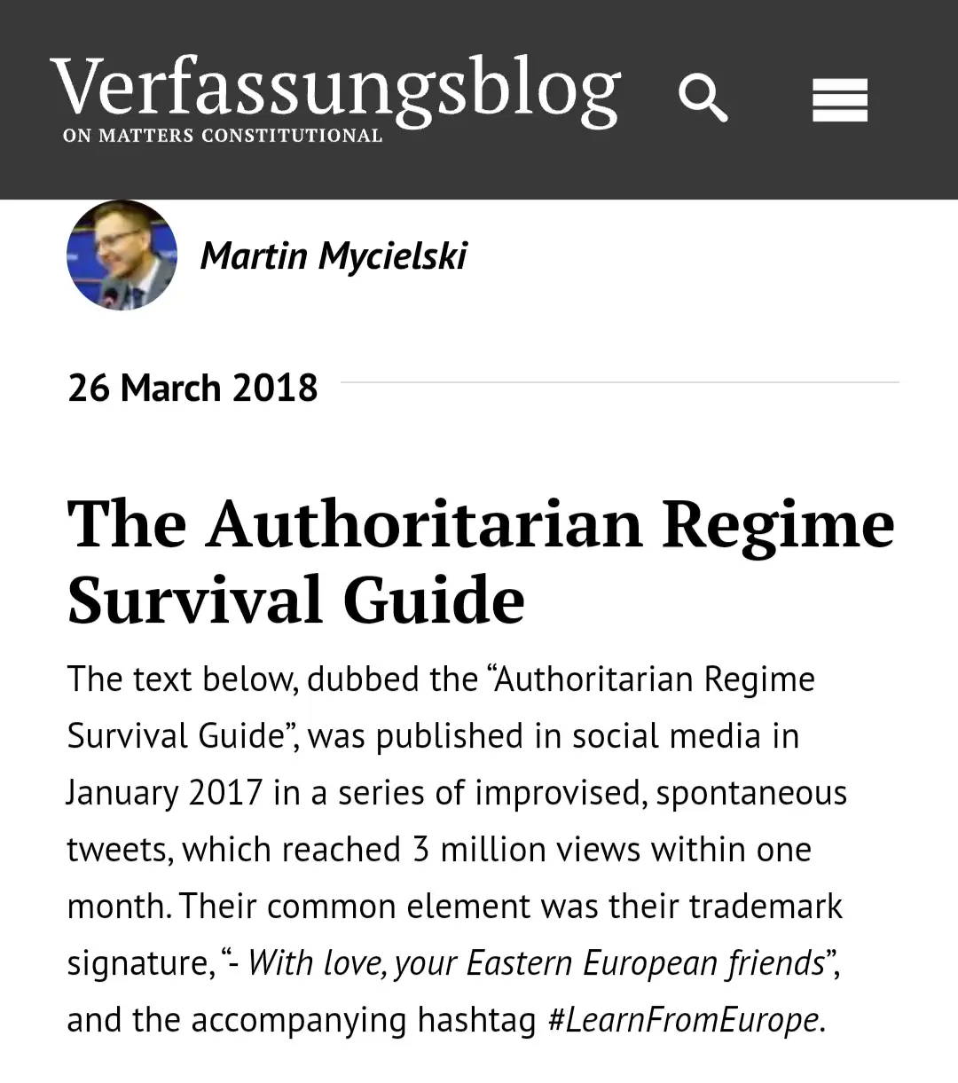 A screenshot of a Verfassungsblog article dated March 26, 2018, by Martin Mycielski, introducing a text called 'The…