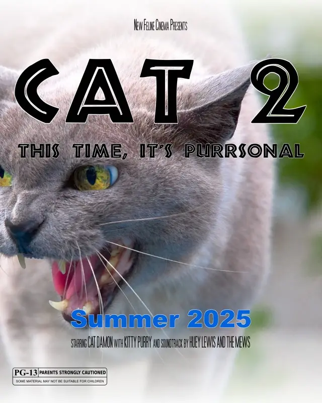A close-up image of a gray cat with its mouth open, showing teeth and tongue, resembling a movie poster. The text reads 'NEW…