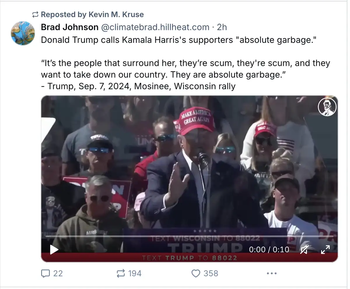 A screenshot of a tweet reposted by Kevin M. Kruse, showing a video clip of Donald Trump speaking at a rally in Mosinee…