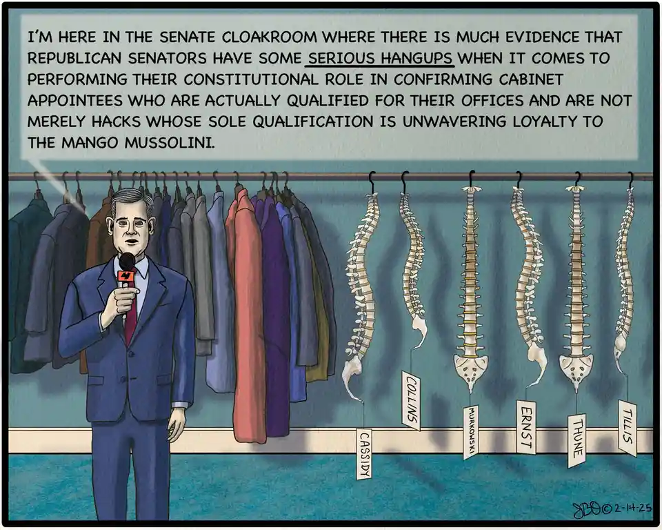 A cartoon depicts a news reporter in a Senate cloakroom holding a microphone, standing before a rack of clothes and five…