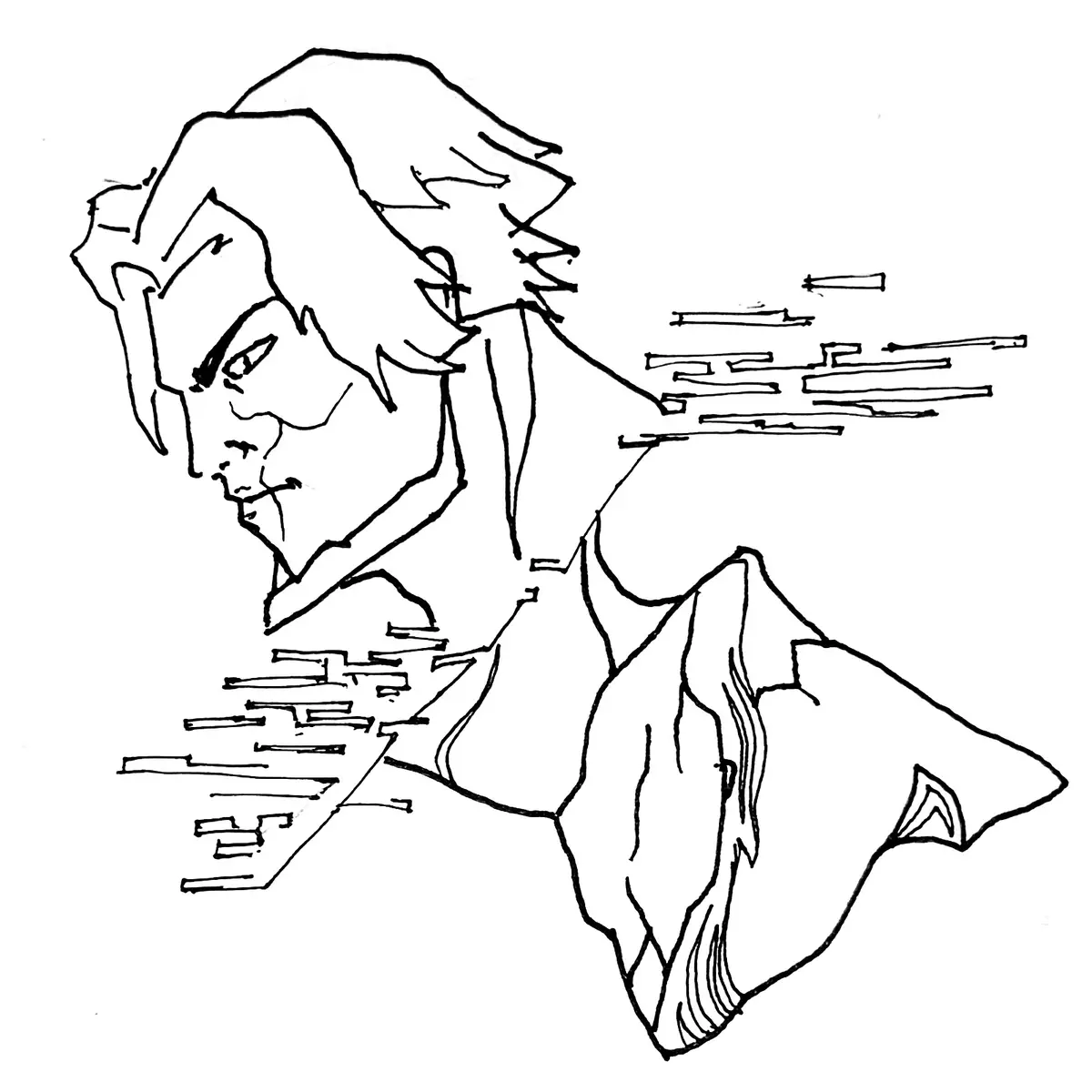 A black-and-white line drawing shows a person with wild hair leaning forward intensely, surrounded by motion lines…