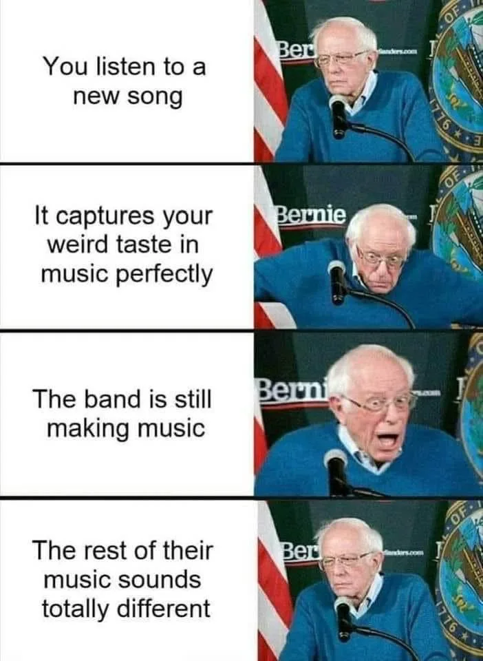 A four-panel meme featuring Bernie Sanders at a press conference, showing escalating expressions of shock and…