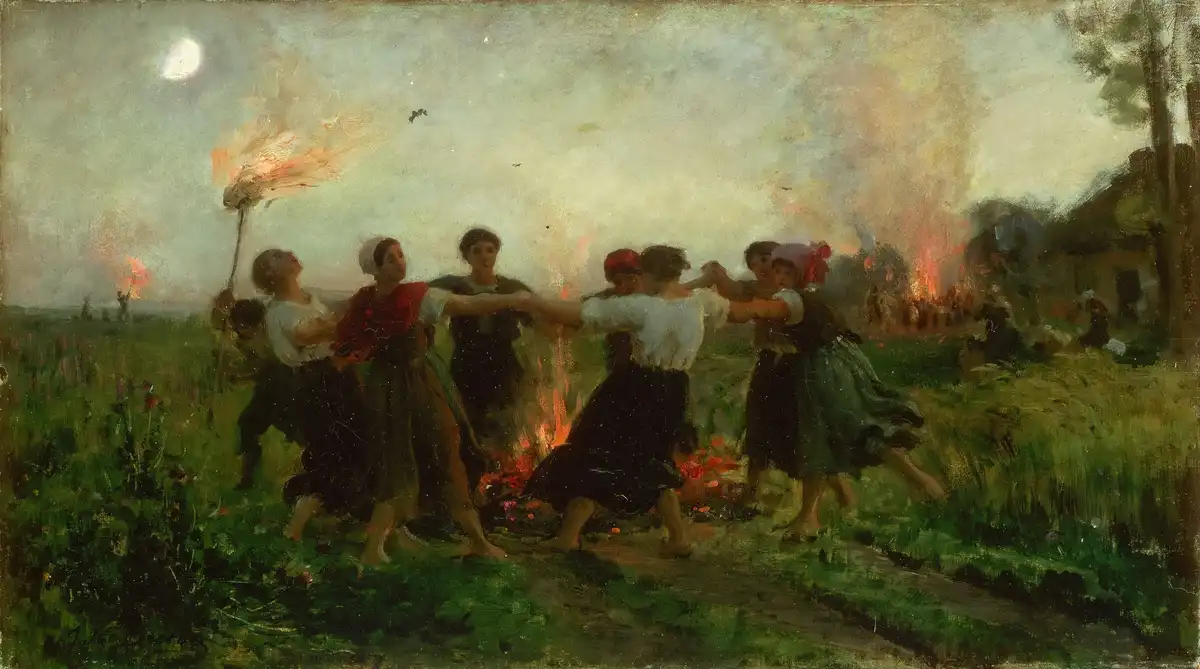 A classical painting depicts a group of women in traditional attire dancing in a circle around a bonfire under a full moon…