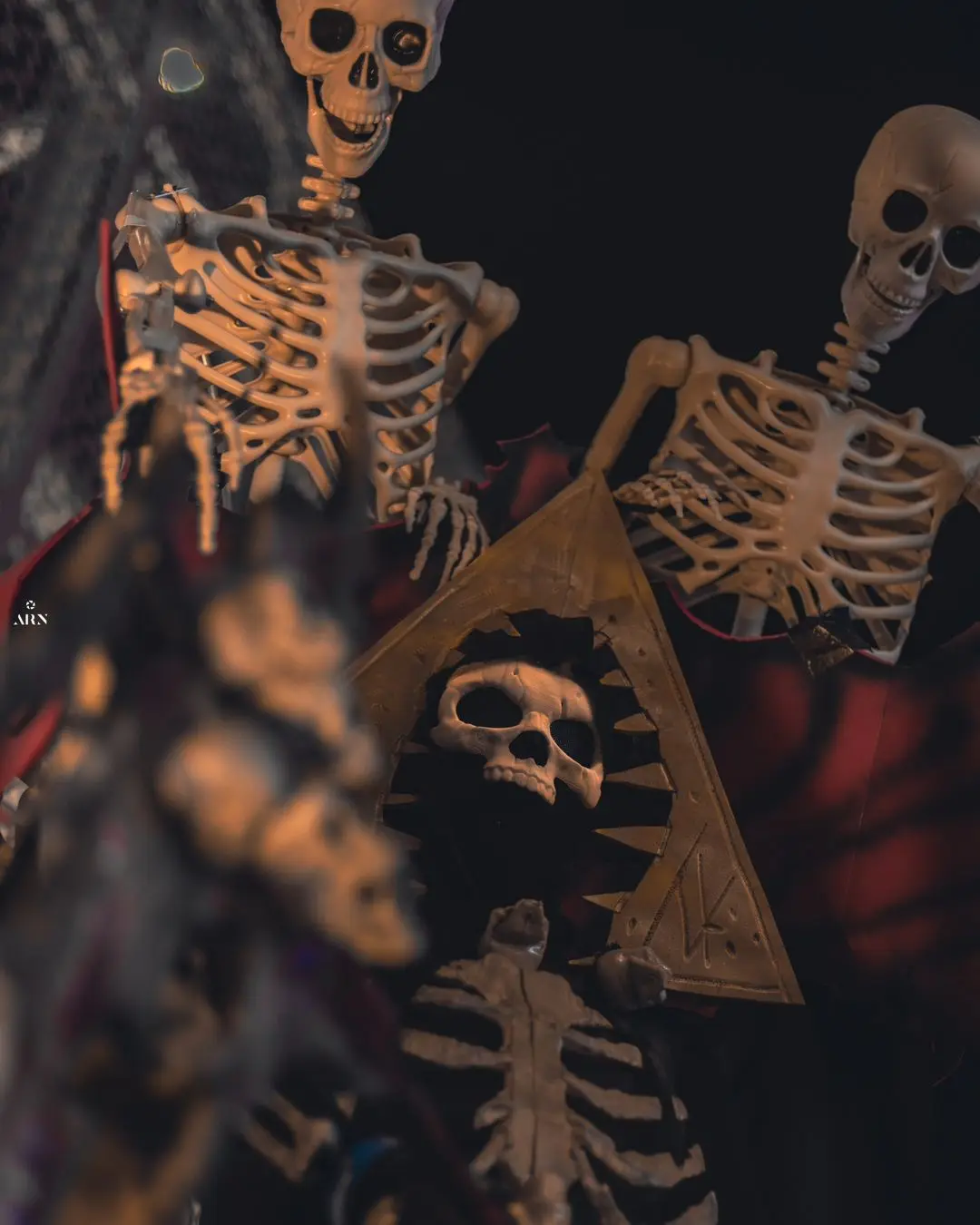 A dark, atmospheric photo shows several plastic skeletons in red robes, one holding a triangular shield with a skull emblem…