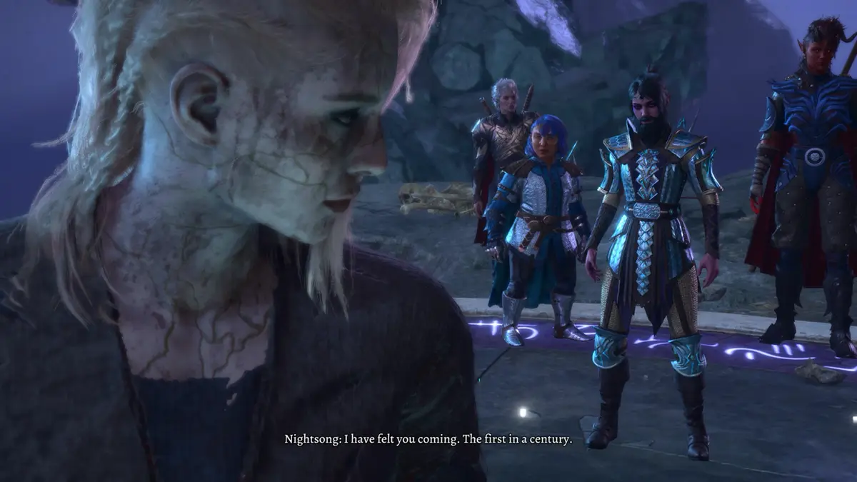 A screenshot from a fantasy video game shows a pale, cracked-skinned character with braided white hair looking down, while…