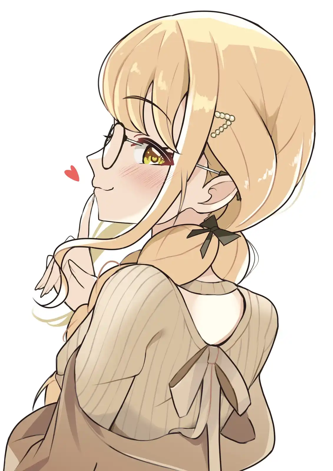 An anime-style illustration of a blonde-haired girl with glasses, wearing a beige dress with bows, looking over her shoulder…