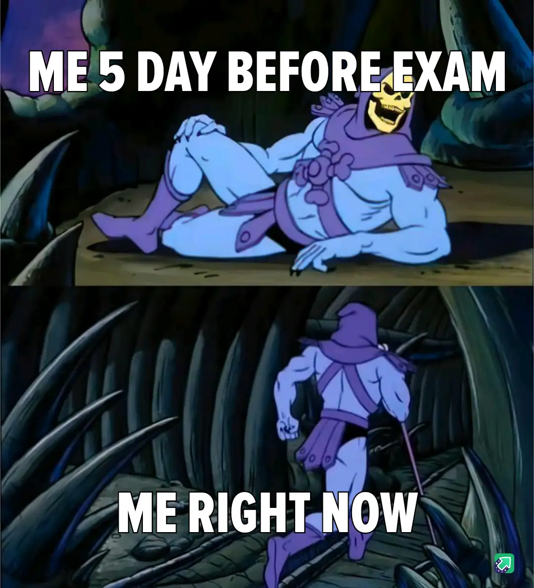 The meme features two panels of the animated character Skeletor from 'He-Man and the Masters of the Universe'. In the top…