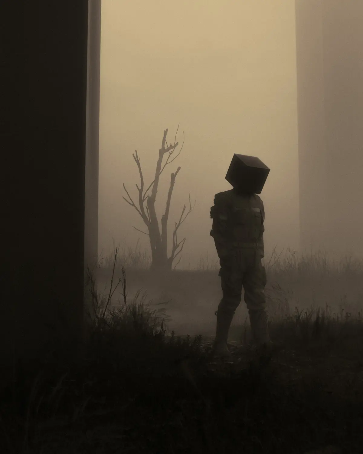 A person in a military-style uniform stands in a foggy, desolate field with a bare tree behind them, their head replaced by…