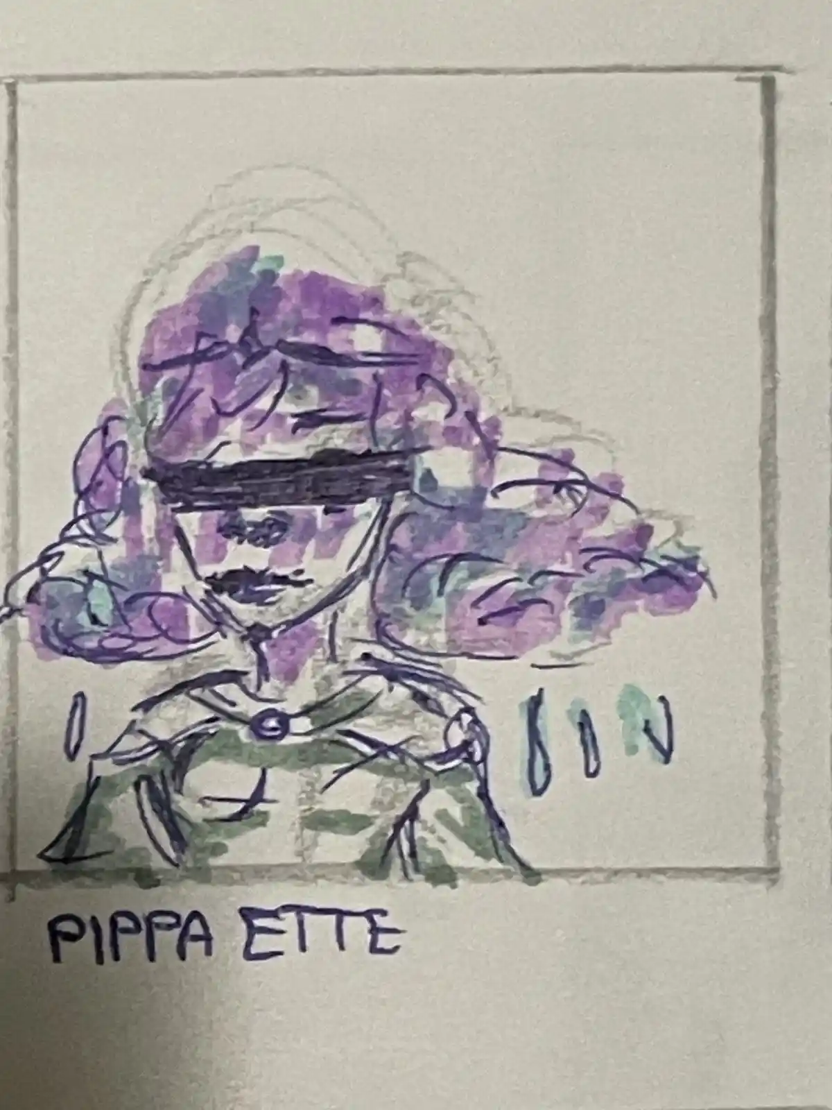 A hand-drawn sketch shows a stylized, purple-hued figure with a blindfold, sitting in a chair. The figure has exaggerated…