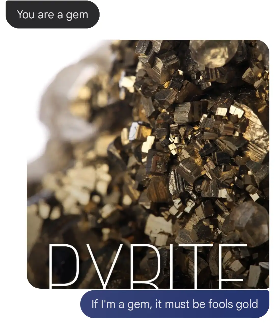 The image shows a close-up of pyrite crystals, which are metallic and golden-yellow, with the word 'PYRITE' overlaid in…
