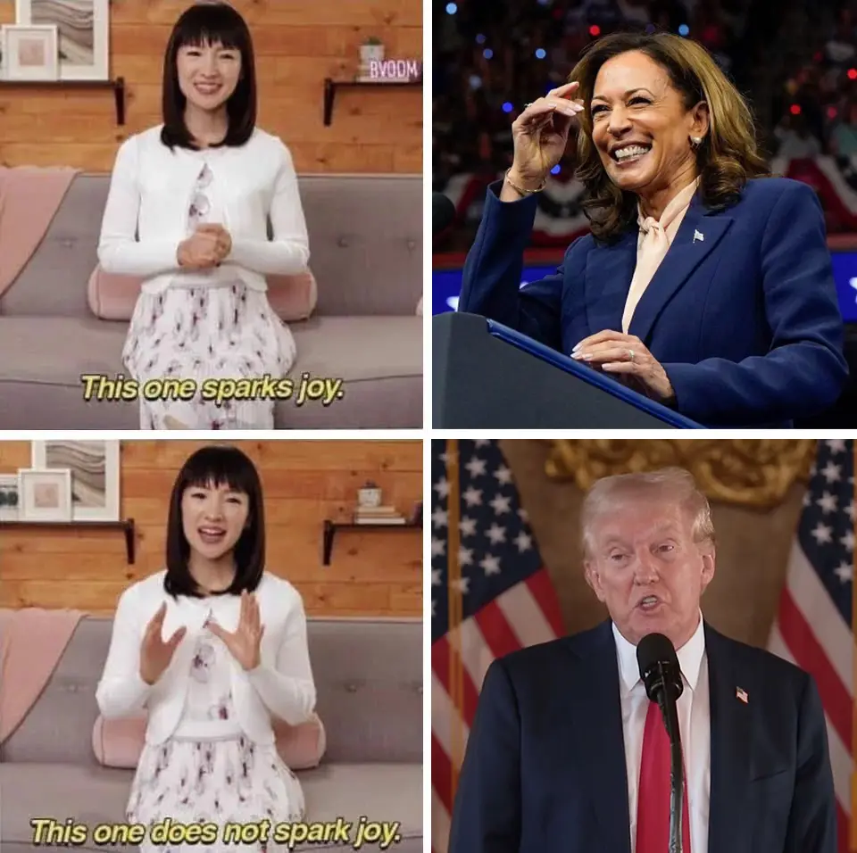 A four-panel meme juxtaposes clips of a smiling woman saying 'This one sparks joy' next to Kamala Harris smiling, and 'This…