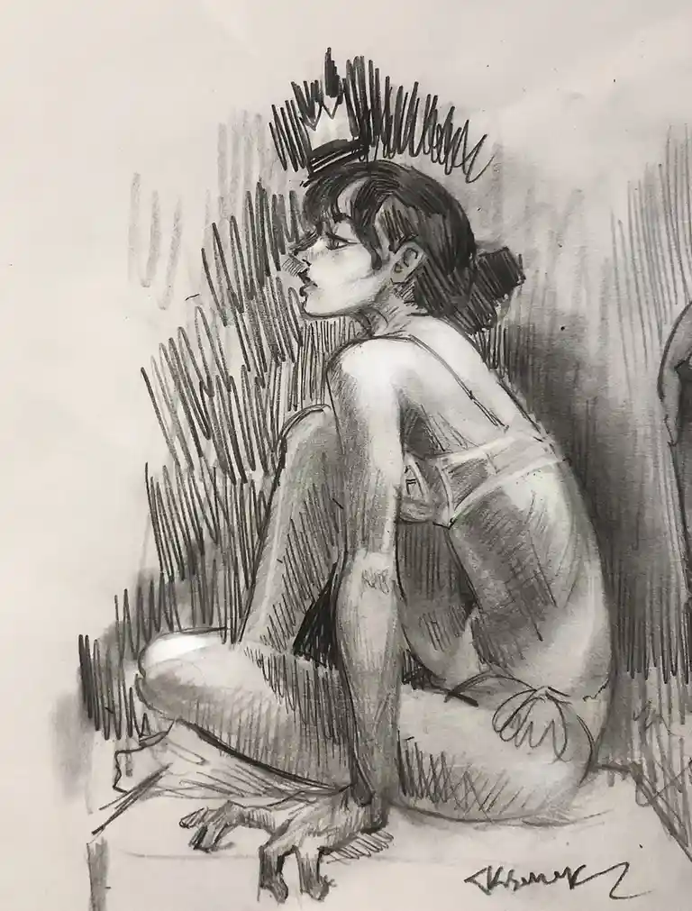 A black-and-white charcoal sketch depicts a woman sitting on the floor, leaning against a wall, with her head tilted back…