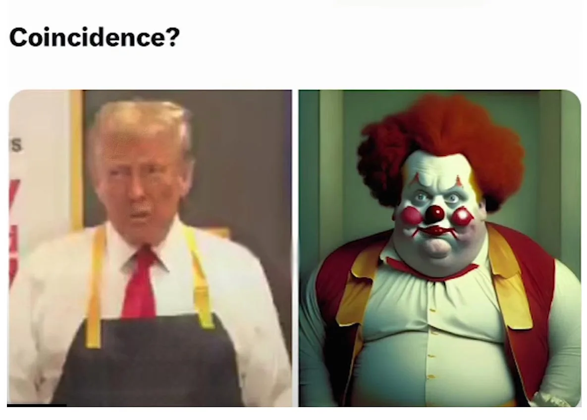 The image displays two side-by-side photos: on the left, a blurry image of Donald Trump wearing a black apron over a white…