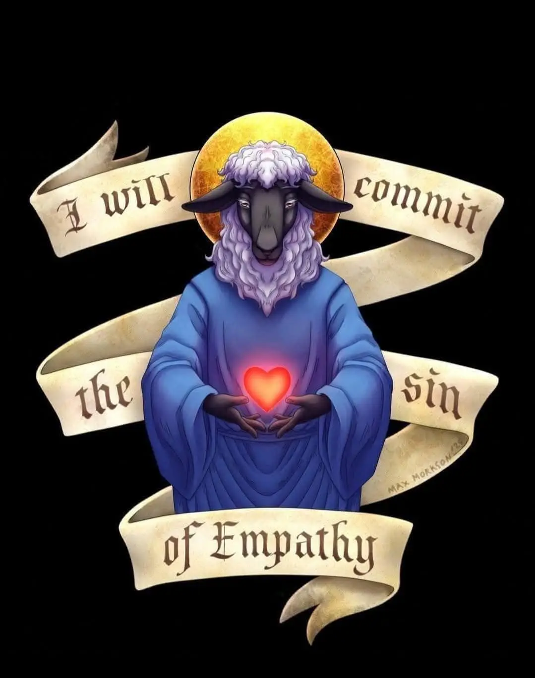 A stylized illustration of a black-faced sheep with purple wool and a golden halo, wearing a blue robe and holding a glowing…