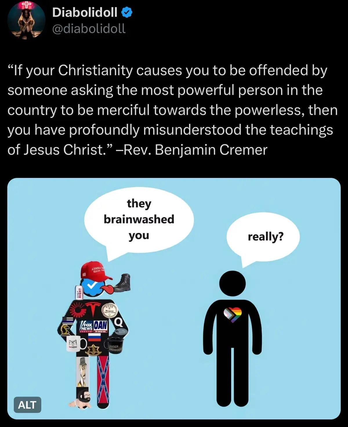 The image shows two stick figures. The left figure is heavily adorned with political and cultural symbols including a red…