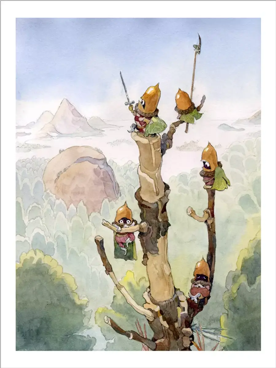 A watercolor illustration shows four small, cartoonish warriors with orange helmets and green cloaks perched precariously on…