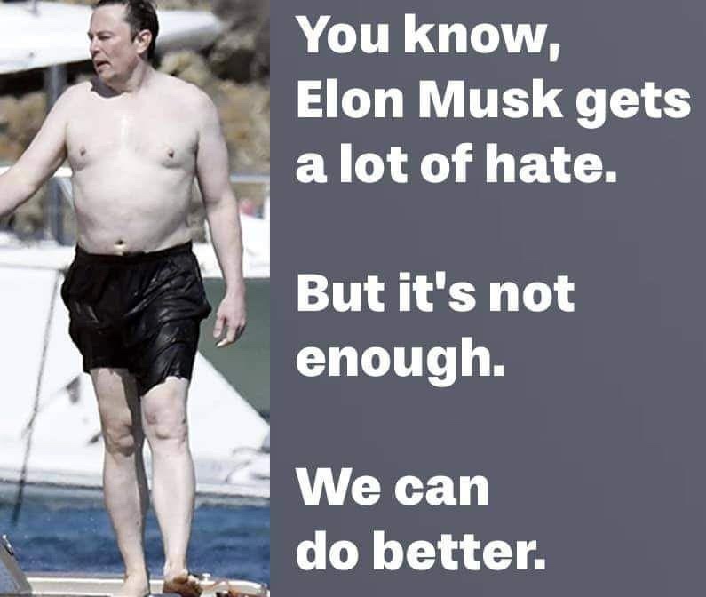 A shirtless, overweight man in black swim trunks stands on a boat, looking distressed. Overlaid text reads: 'You know, Elon…