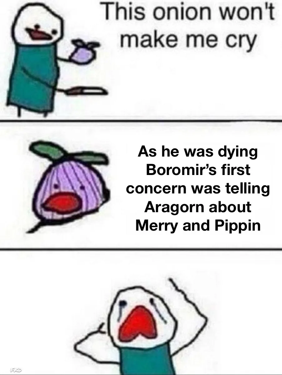 A three-panel comic strip featuring a simple stick-figure character holding an onion, then a crying onion, then the…