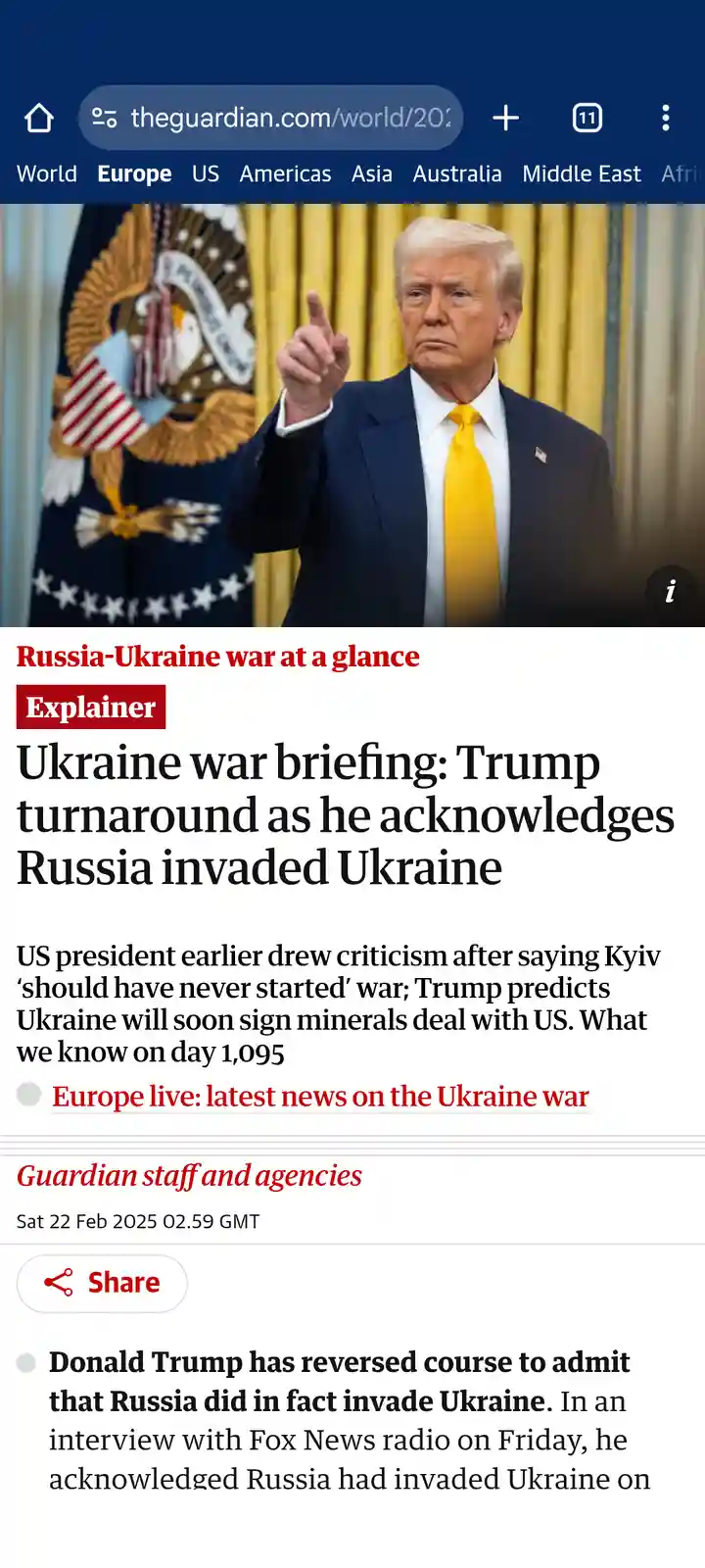 A screenshot of a The Guardian news article from February 22, 2025, featuring a photo of Donald Trump pointing forward while…