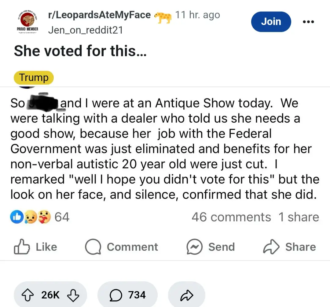 A Reddit post from r/LeopardsAteMyFace shows a comment where a user recounts a conversation at an antique show with a…
