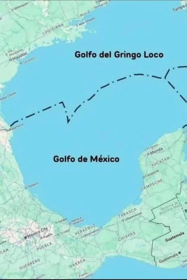 A map of the Gulf of Mexico region shows a dotted line separating the labeled 'Golfo de México' from a newly named 'Golfo…