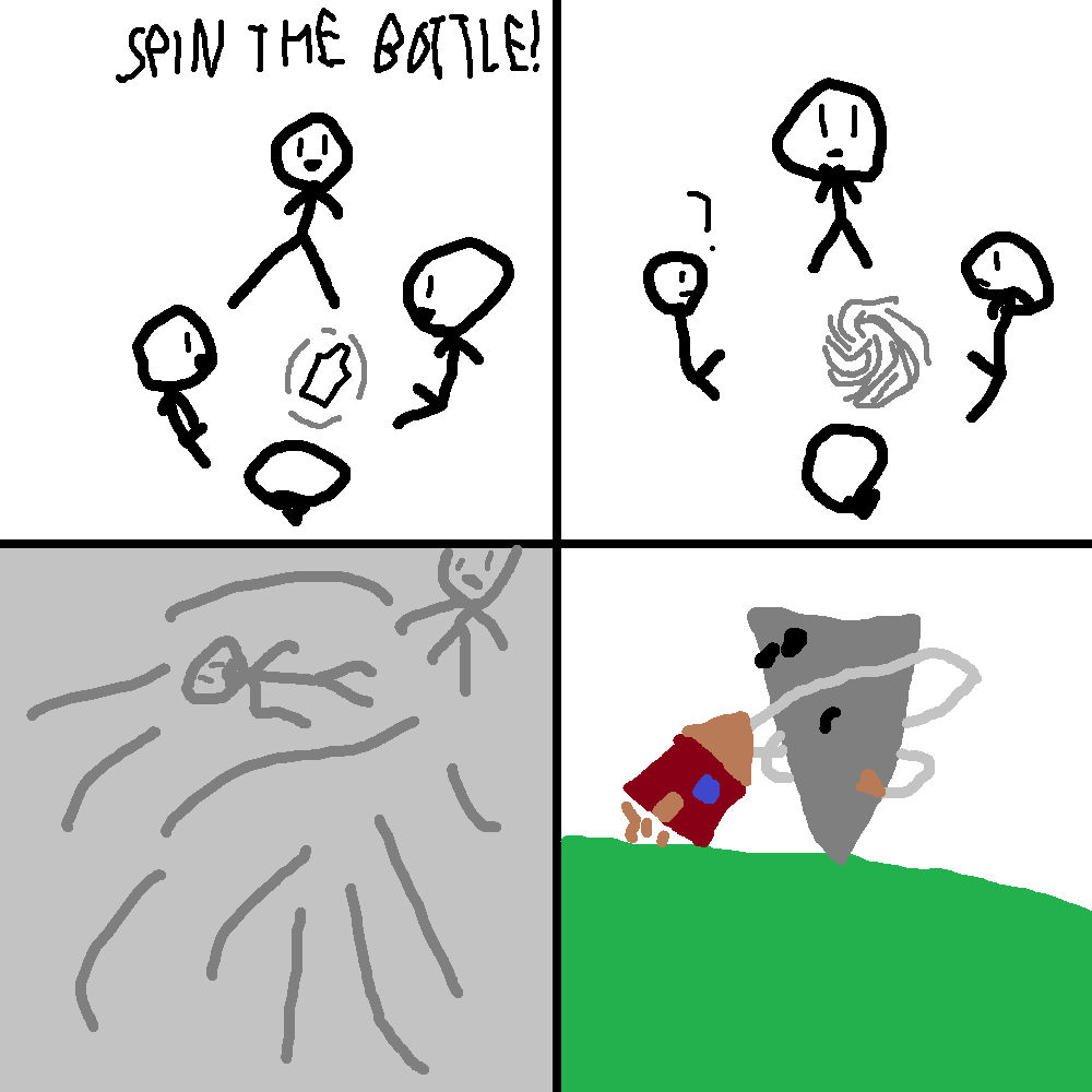 A four-panel comic strip with stick figures playing spin the bottle. The first panel shows players gathered around a bottle…