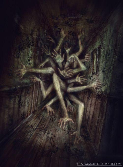 A dark, eerie painting depicts a grotesque, multi-limbed humanoid creature with pale, elongated arms and hands emerging from…