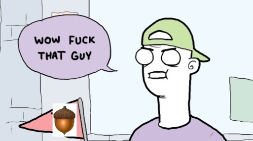 A cartoon man in a green cap and purple shirt stares with wide eyes at a small acorn on a flagpole, with a speech bubble…