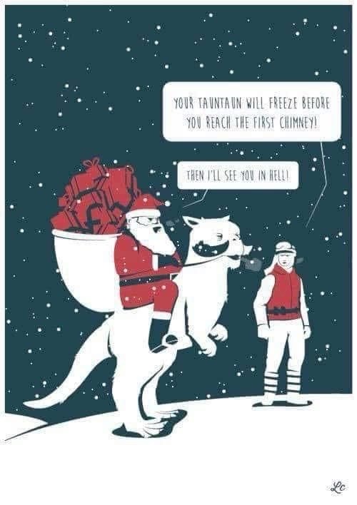 A cartoon illustration depicts a snowy scene with a figure resembling Santa Claus riding a tauntaun, a creature from Star…