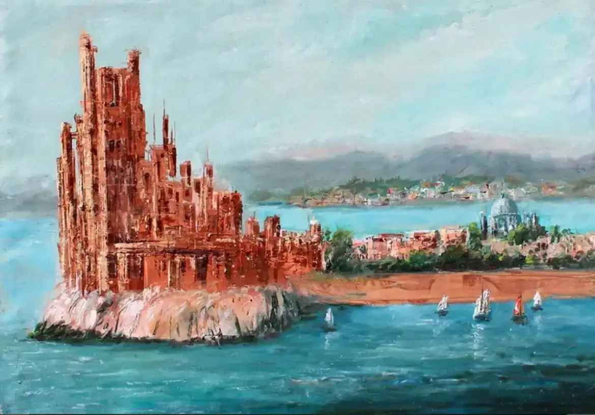 This is a painting depicting a large, crumbling, reddish-brown castle ruin standing on a rocky island in the middle of a…