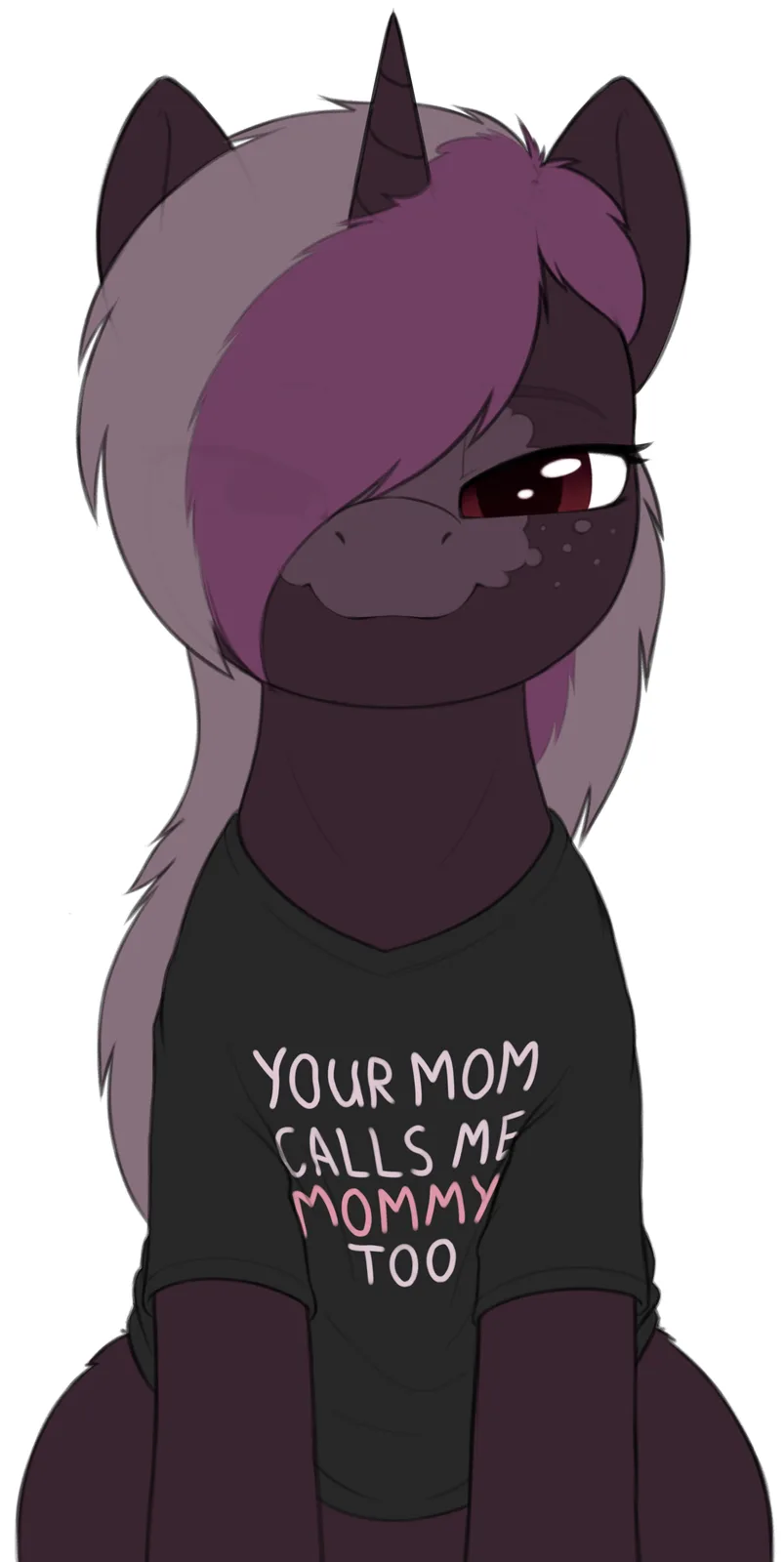 A dark purple pony with a horn and a smug, half-lidded expression wears a black t-shirt with the text 'YOUR MOM CALLS ME…